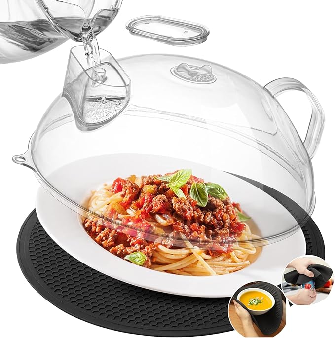 Microwave Splatter Cover for Food, Clear Microwave Lid with Water Steamer, Integrated Handle, Splatter Guard, 10” Plate Covers & 12" Mat, BPA-Free, Essential Kitchen Gadgets and Accessories