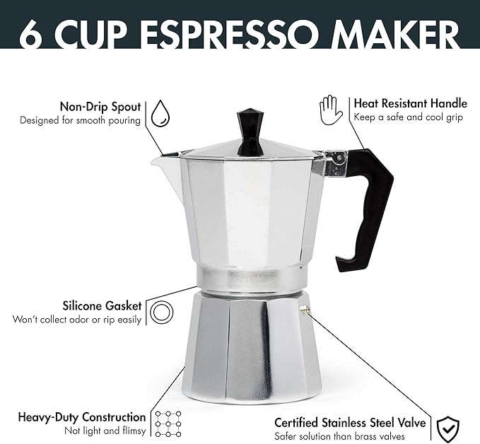 Primula Stovetop Espresso Maker and Handheld Electric Milk Frother Gift Set, Moka Pot for Classic Italian and Cuban Coffee, Cafetera, 6 Espresso Cups, Silver