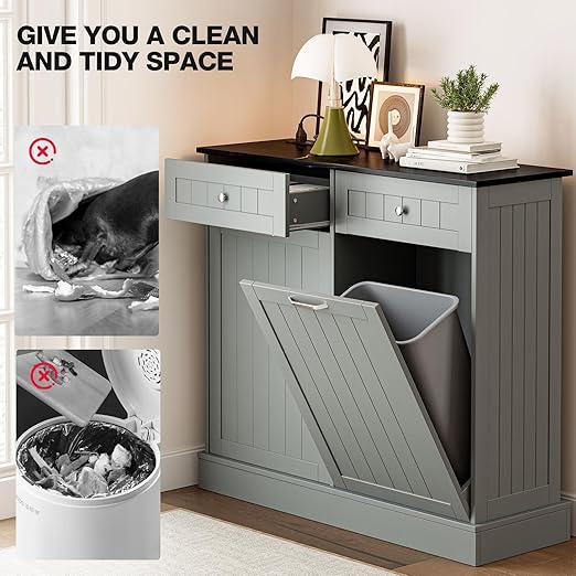 GAZHOME 20 Gallon Double Tilt Out Wooden Trash Cabinet with Charging Station, Upgrade Free Standing Recycling Cabinet with Outlet,Gray