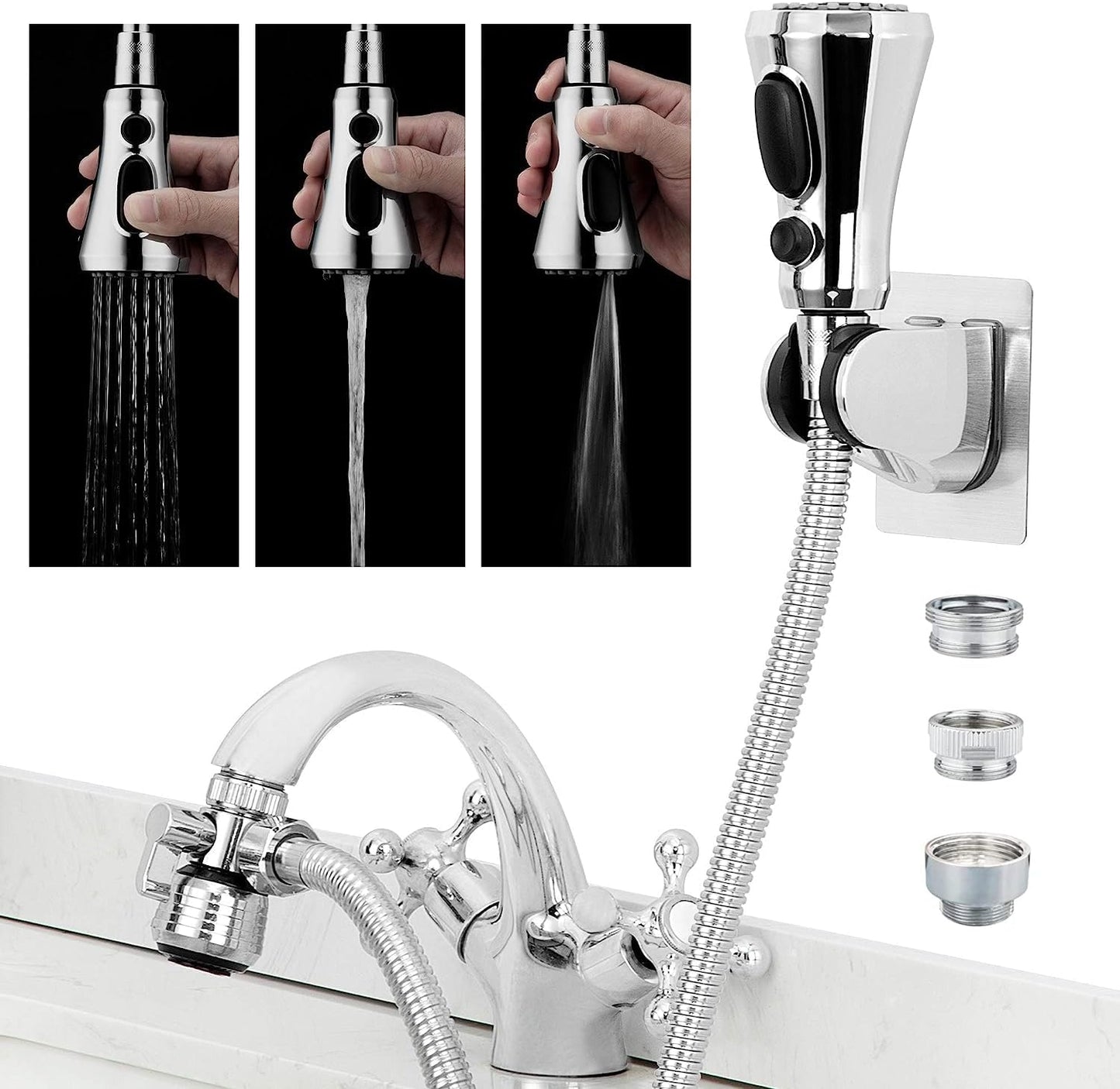 CECEFIN Kitchen Faucet Hose Attachment, Sink Sprayer Replacement Head with 4.9 Ft Stainless Steel Hose, Water Saving Aerator with 3-Way Diverter Valve for Hair Washing Laundry Room and Pet Shower
