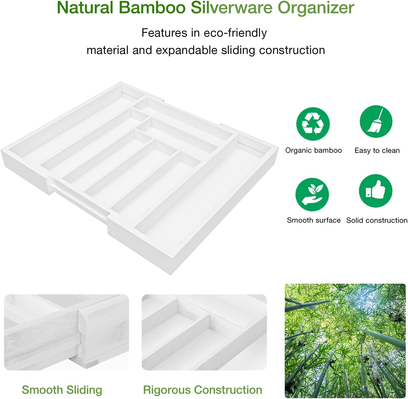 Pipishell Bamboo Expandable Drawer Organizer for Utensils Holder, Adjustable Cutlery Tray, Wood Drawer Dividers Organizer for Silverware, Flatware, Knives in Kitchen, Bedroom, Living Room (White)