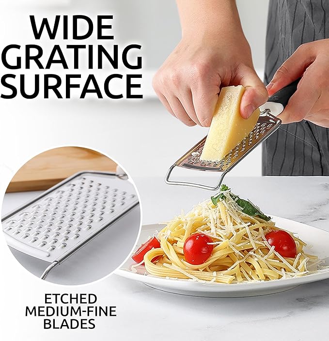 Zulay Kitchen Professional Cheese Grater Stainless Steel - Durable Rust-Proof Metal Lemon Zester Grater With Handle - Flat Handheld Grater For Cheese, Chocolate, Spices, And More - Black