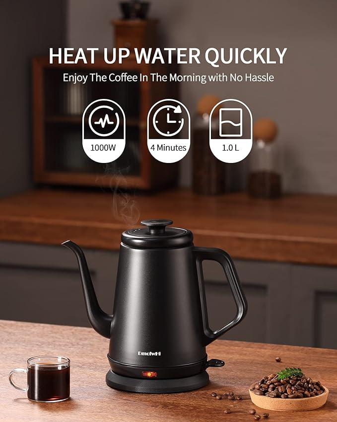 DmofwHi Gooseneck Electric Kettle(1.0L),1000W Electric Tea Kettle of 304 Stainless Steel,Auto Shut off,Water Kettle for Coffee and Tea -Matte Black