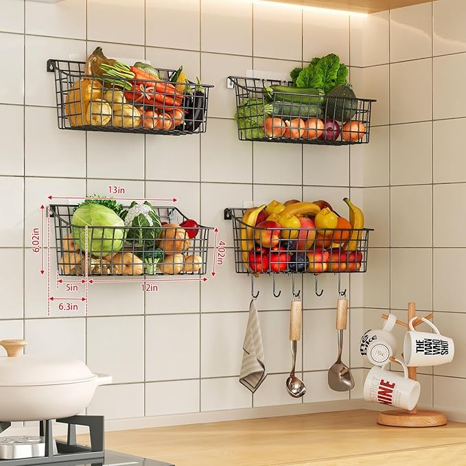 Sonyabecca 4 Pack Hanging Wall Basket for Organizing, Large Wire Basket for Storage Pantry with 5 S Hook+4 Adhesive Hook, Wall Mounted Shelf for Kitchen Bathroom