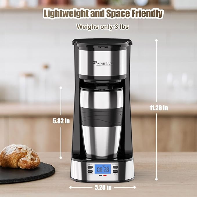 RAINBEAN Single Serve Coffee Maker, Programable Single-Serve Brewers, Timer Auto Start/Off, 14 Oz Single Cup Coffee Machine For Ground Coffee, 700W Quick Brewing, Perfect Gifts for Coffee Lovers