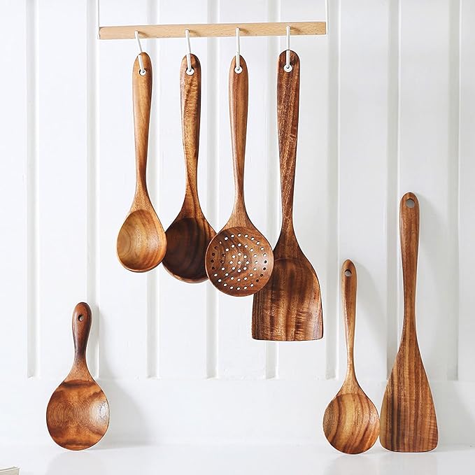 FJNATINH 7-Piece Nonstick Wooden Cooking Utensils Set, Natural and Healthy Kitchen Utensils（7 Pcs）