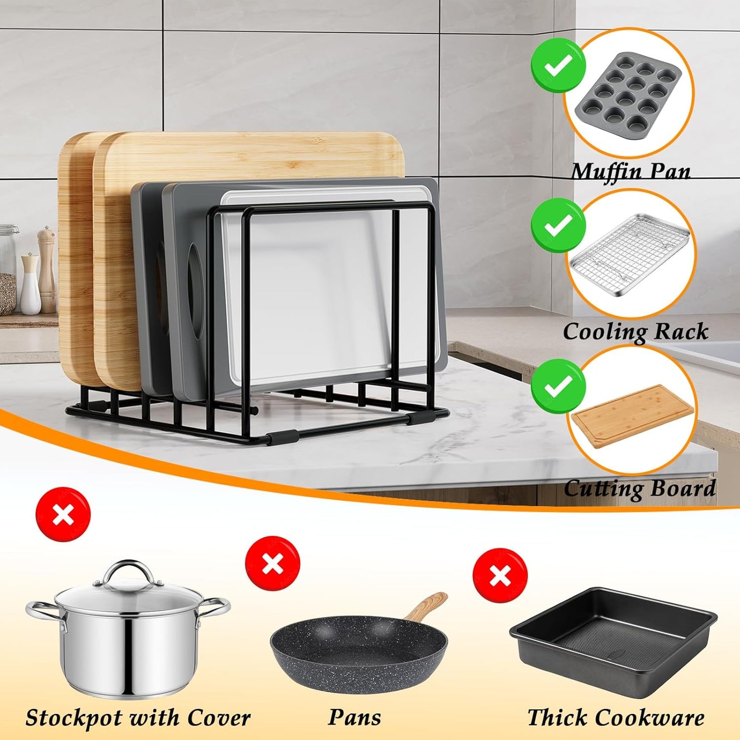Baking Sheet Organizer Rack – 5-Slot Bakeware & Cookie Tray Holder for Kitchen Cabinet or Countertop, Compact Stainless Steel Cutting Board Rack with Rust-Resistant Frame & Anti-Slip Feet