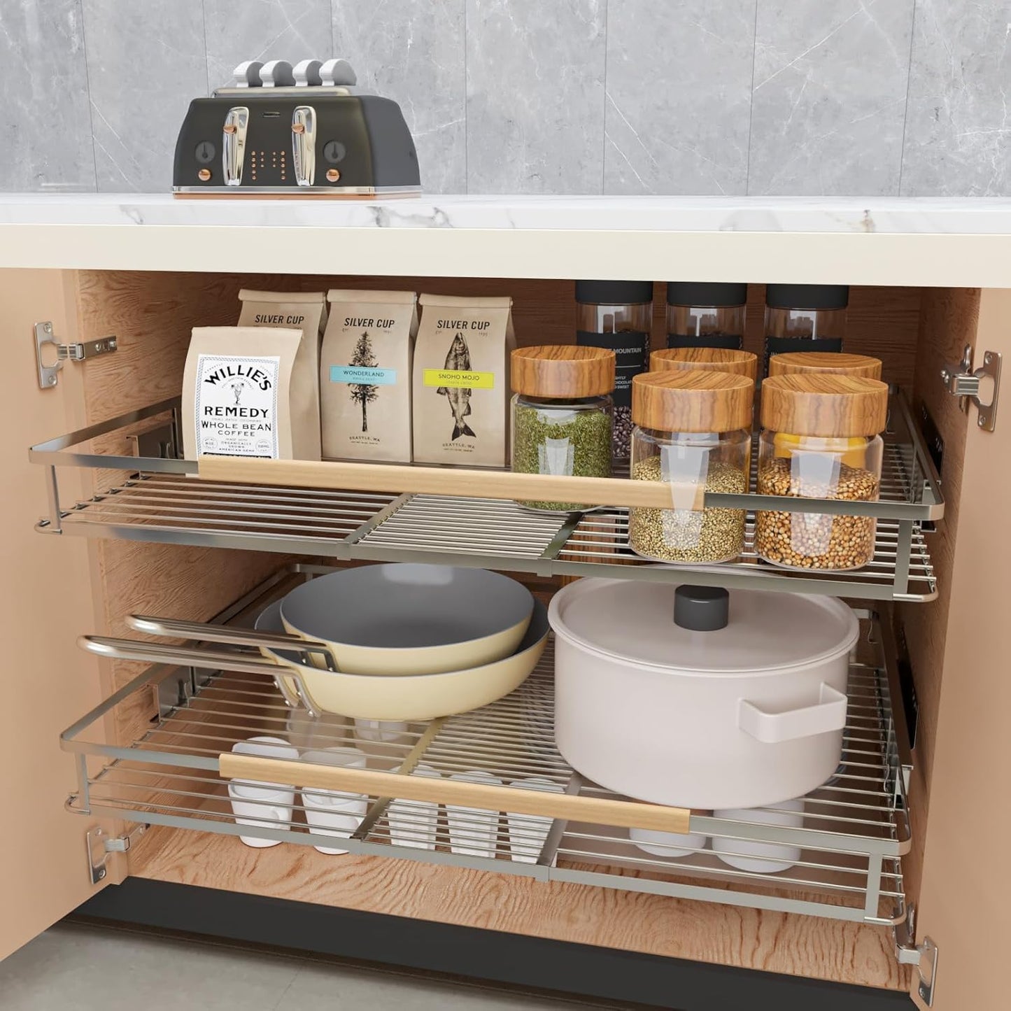 1Pack Expandable Pull Out Cabinet Organizer, Slide Out Drawers for Kitchen Cabinets, Heavy Duty Drawer Slides for Home Kitchen Pantry Cupboard Pots Pans, Adjustable Width 23.2"~39.9" W x 22.5''D
