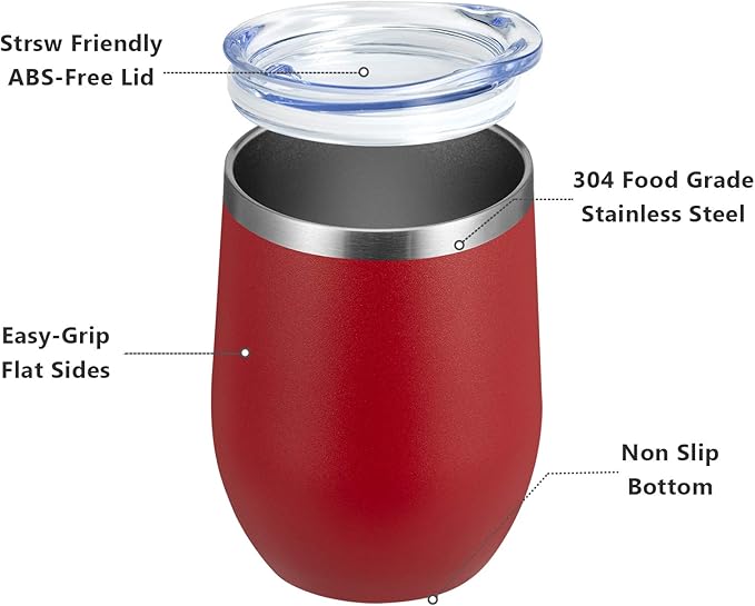 MEWAY 12oz/12 Pack Wine Tumbler Glasses with Lid -Double Wall Vacuum Stainless Steel Travel Tumbler Mug,Stemless Insulated Wine Cup for,Coffee,Cocktails,Gifts (Red,Set of 12)