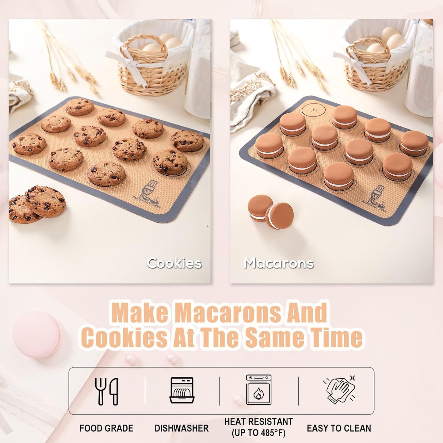 Silicone Baking Mat Macaron - Set of 3 (2 Half Sheet Liners and 1 Quarter Sheet), Non Stick Silicon Cookie Oven Liner For Macaroons, Bake Pans, Pizza, Toaster, Cake and Bread Making (16.5x11.6, Grey)