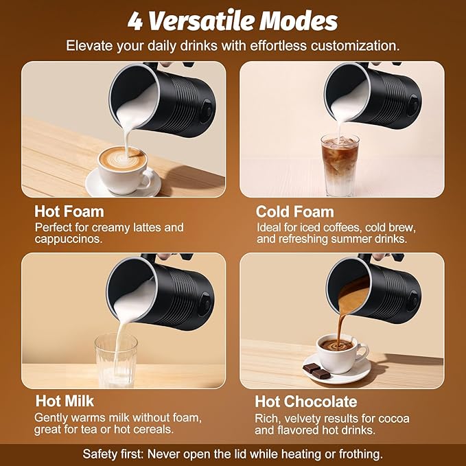 Milk Frother and Steamer, 4-in-1 Electric Milk Frother and Warmer, Hot & Cold Foam Maker, 11.8oz Capacity, Fast Heating, Quiet Coffee Frother for Latte, Cappuccino & Hot Chocolate
