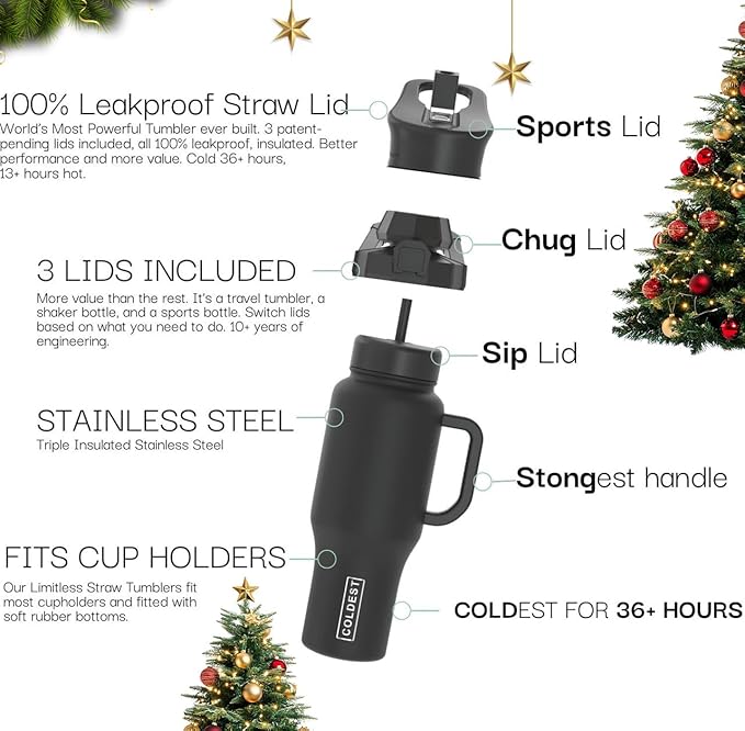 Coldest Tumbler with Handle and Straw - 100% Leak Proof Insulated Tumbler with Lid and Straw (3 Lids) - Stainless Steel Tumblers for Women & Men - Cup Holder Friendly Base, 36 oz (Ember Glowie)