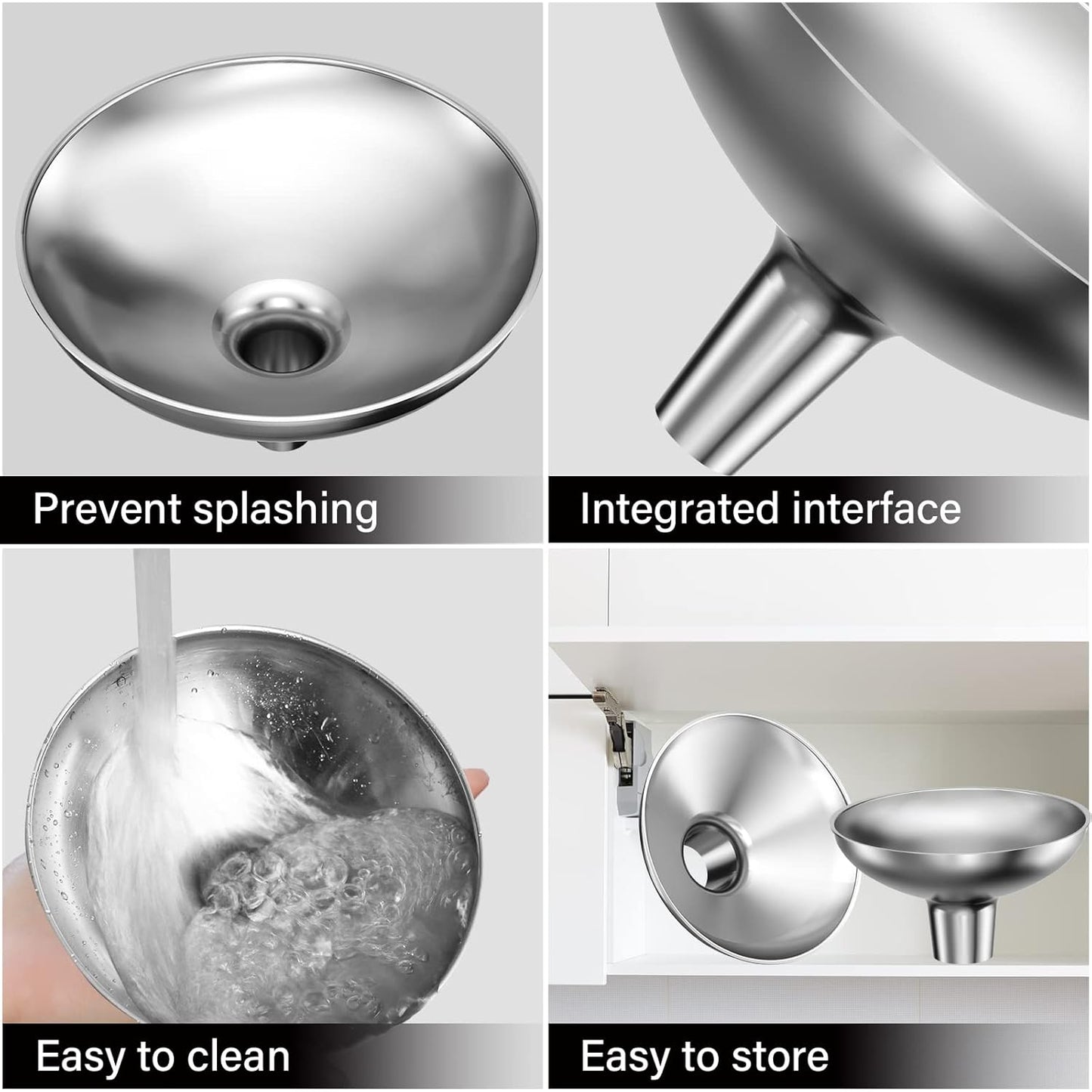 Stainless Steel Funnel, 2 Large and Small Mouth Filling Kitchen funnels, Liquids, fluids, Spices and Powders, Durable and Washable.