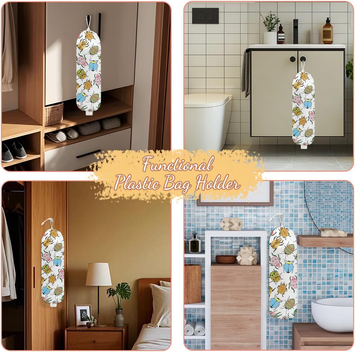 Insect Beetle Plastic Bag Holder, Wall Mount Grocery Bag Holder, Plastic Storage bag, Pull Rope Free Adjustment, Plastic Bag Holders for Grocery Bags, Plastic Bag Dispenser for Home Kitchen