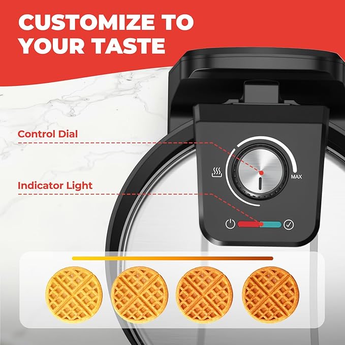 Waffle Maker, Rotating Belgian Waffle Maker, 180° Flip Waffle Iron, Non-Stick Plate, Adjustable Browning Control, Foldable Cool Touch Handle, Removable Drip Tray, Space Saving Storage, Stainless Steel