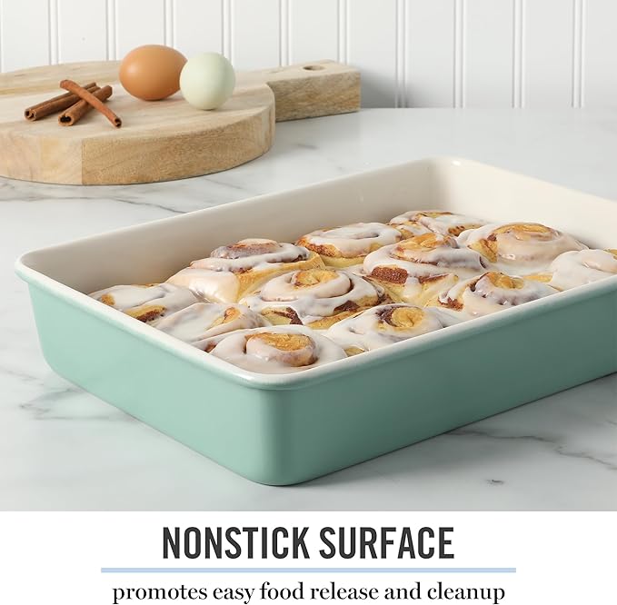 Martha Stewart Gallen 13 x 9 Inch Rectangular Nonstick Carbon Steel Cake and Baking Pan – Teal, Durable Bakeware for Even Cooking and Easy Release