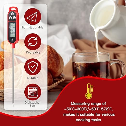 12 Pcs Meat Food Thermometer Food with Probe Water Liquid Instant Read Digital Thermometer Kitchen Cooking Supplies for Cooking BBQ Milk Yogurt (Red)