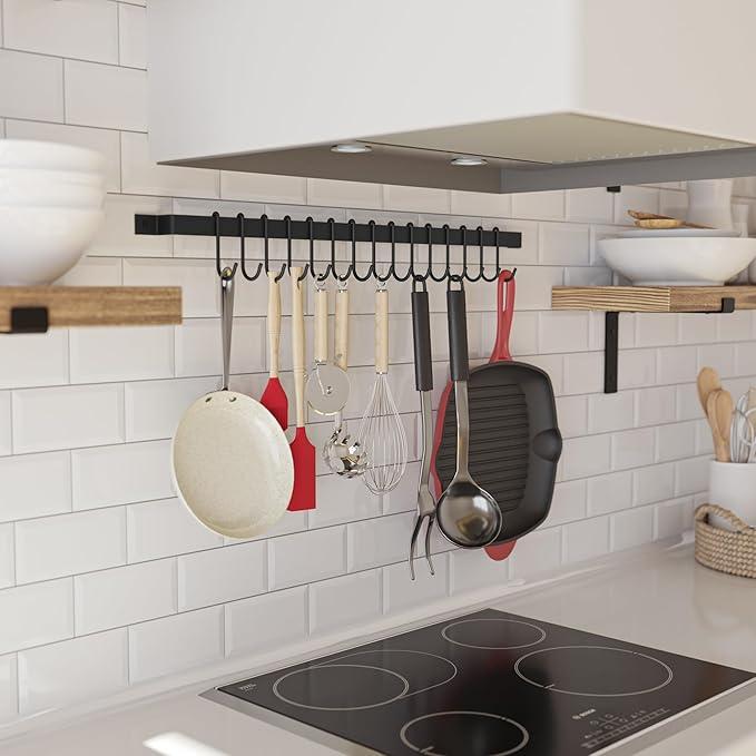 Wallniture Casto 30" Gourmet Kitchen Rail with 15 S Hooks for Hanging Kitchen Utensils Set and Cookware, Iron, Frosty Black
