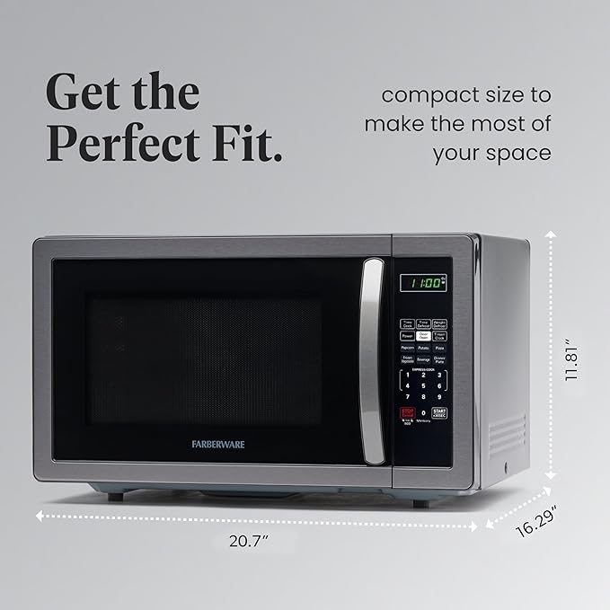 Farberware 1.1 Cu. Ft. Countertop Microwave Oven – 1000 Watts Power, Auto Cook Settings, Defrost, Easy Clean and Child Safety Lock - Stainless and Black