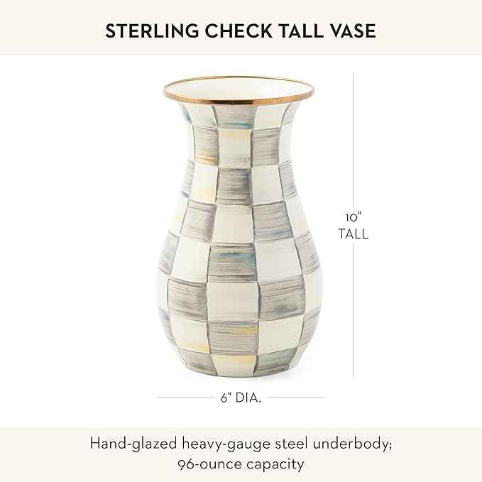 MACKENZIE-CHILDS Tall Enamel Vase, Unique Flower-Vase Decor for Living Room, Gray-and-White Sterling Check