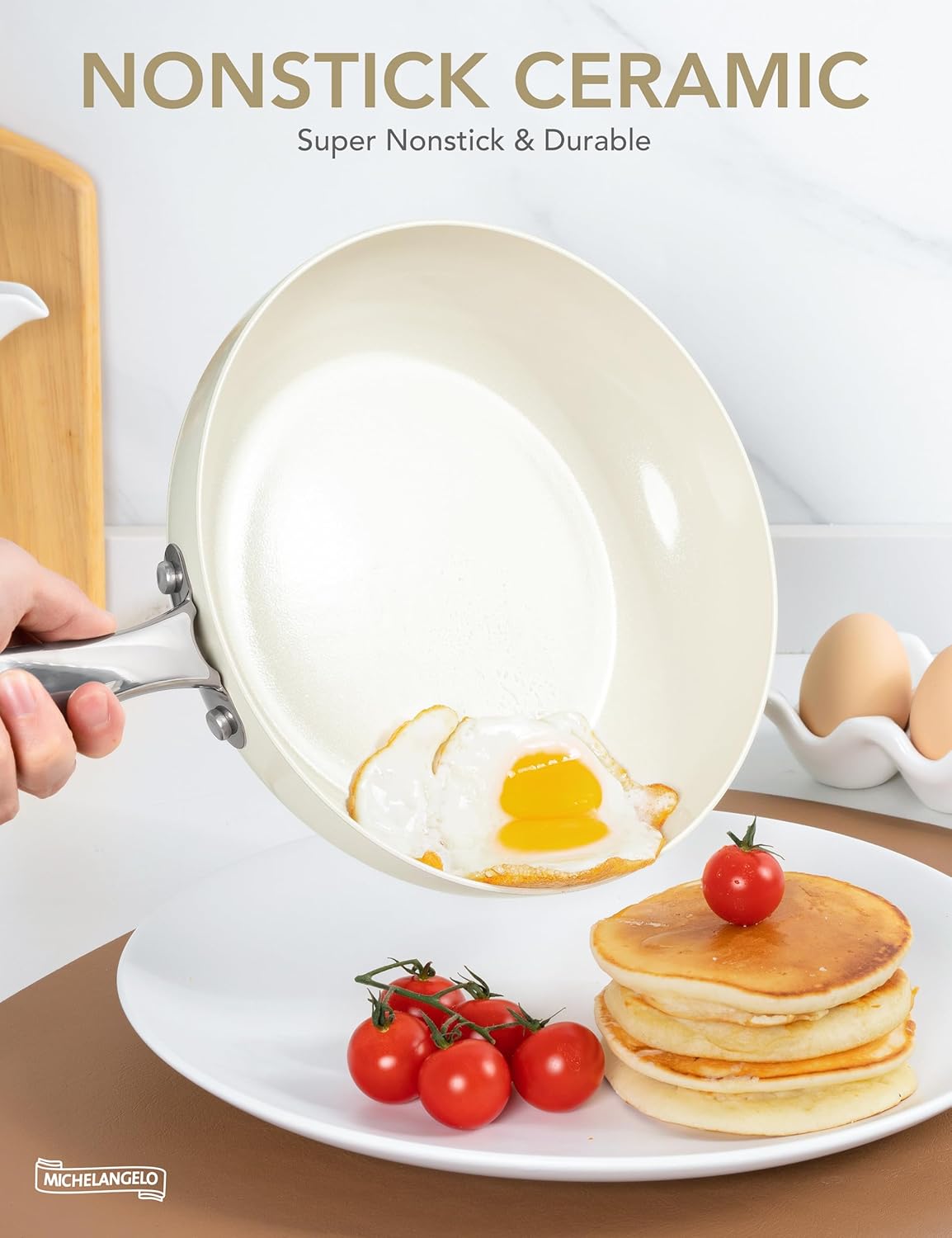 MICHELANGELO 12 Inch Frying Pan with Lid, Large Nonstick Skillet with Ergonomic Handle, Non-Toxic Ceramic Fry Pan, Oven-Safe, White