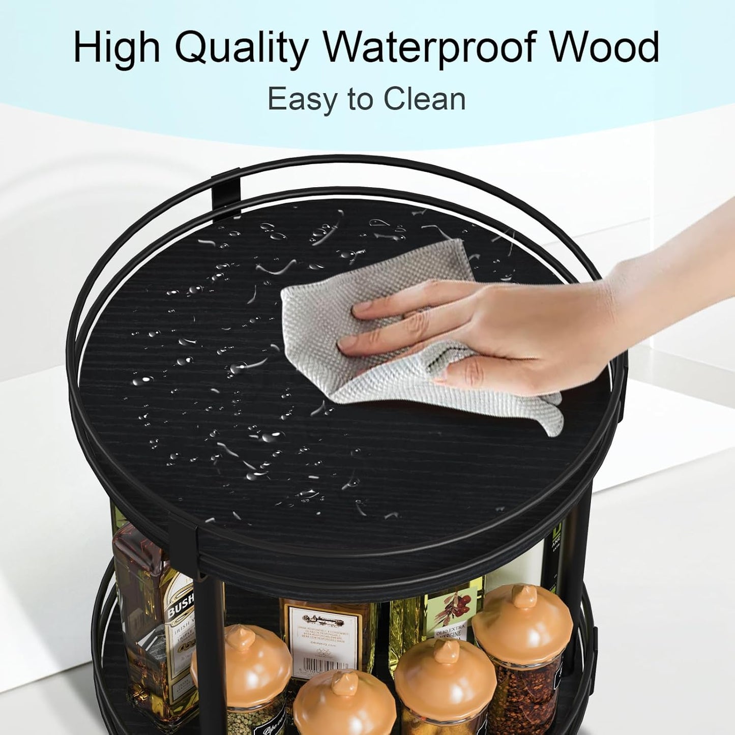 Snughome Lazy Susan Spice Rack, 2 Tier Rotating Spice Rack, Wood Lazy Susan Organizer for Cabinet, Black Kitchen Counter Shelf, 10.2" x 10.2" x 10.4"