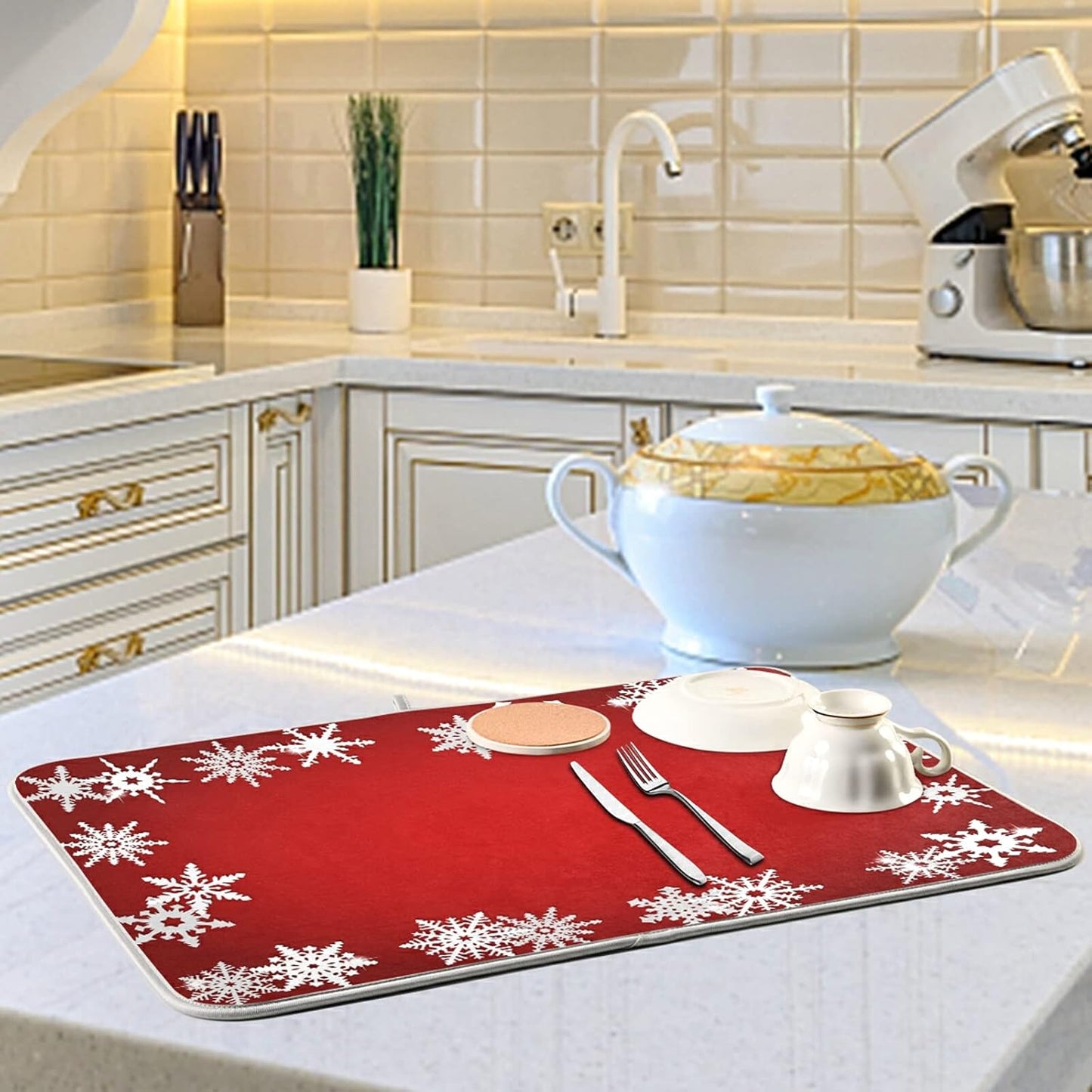 Super Absorbent Dish Drying Mat, Microfiber Fast-Drying Dish Mat, 16" x 18", Kitchen Dish Drying Pad, Watercolor Cute (Christmas Snowflake Abstract)