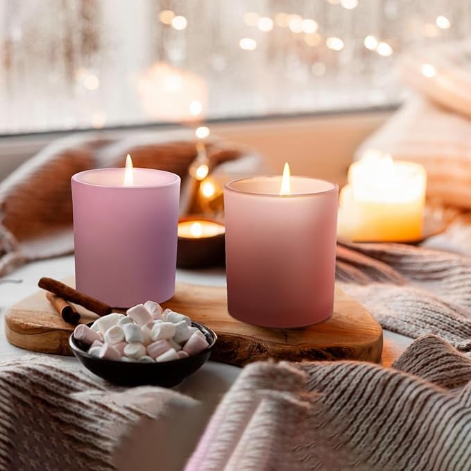 SHOWIN 14 OZ Thick Candle Jars for Making Candles 12 Pcs, 3 Wick Empty Jars with Wood Lids for Candle Making, Sample Container, Frosted Pink