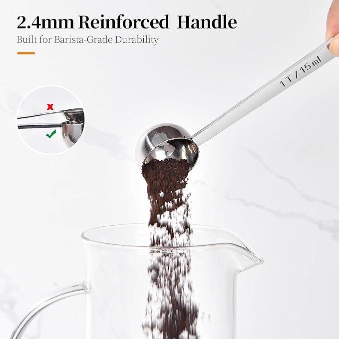Long Handle Coffee Scoop: 18/8 Stainless Steel 5.64 Inch 1 Tablespoon Metal Measuring Spoon Tbsp Scoop for Coffee Beans, Grounds Coffee, Coffee Powder, Tea, Tall Jars (1Tbsp/15ml)