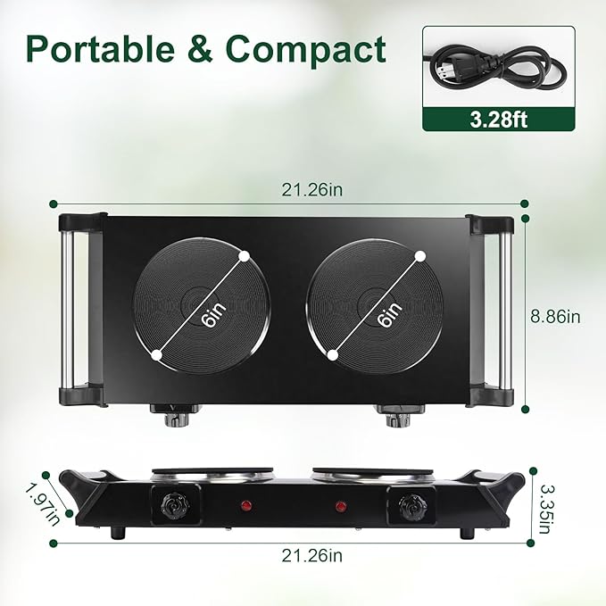 Electric Countertop Double Burner, 2000W Cooktop with Cast Iron Hot Plate & Stay Cool Handles, 5 Level Temperature Control, Easy to Clean, Indicator Lights, Cooking Stove for Office Home Camping RV