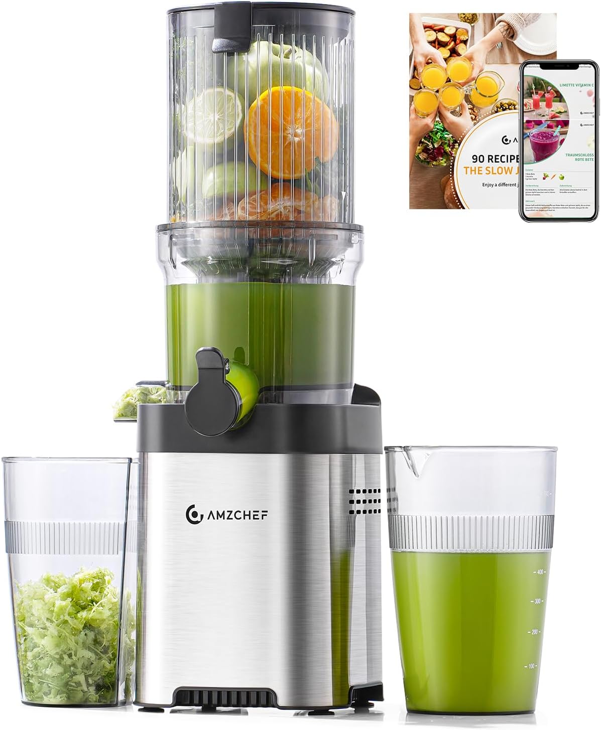 AMZCHEF Cold Press Juicer, 4.5" Juicer Machines with Large Feed Chute for Whole Fruits & Vegetables, Stainless Steel Juice Extractor with Large Auger, Dual Strainers, Easy Cleanup & Assembly