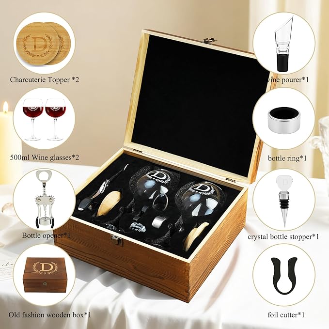GZLDGIFTS Personalized Initial Wine Glasses Box Gift Set For Women Mom Engraved Birthday Monogrammed Wooden Christmas Gifts Wedding Anniversary Wine Couples Stopper Opener Initial Letterr (N Set)