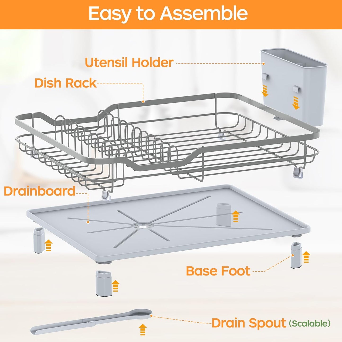 Dish Drying Rack, Stainless Steel Rustproof Dish Rack for Kitchen Counter, Sturdy Dish Drainer with Drainboard, Drainage, Utensil Holder for Various Kitchenware, 16.2"(L) x 12.6"(W), Grey