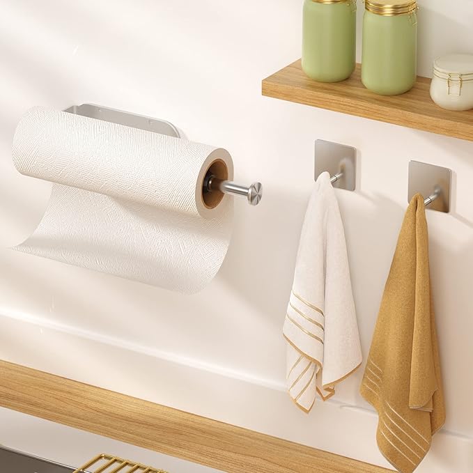 2 Pack Paper Towel Holder Under Cabinet + 2 Towel Robe Hook, Single Hand Operable Under Cabinet Paper Towel Holder, Adhesive Wall Mount Paper Roll Holder for Bathroom Kitchen(Silver)