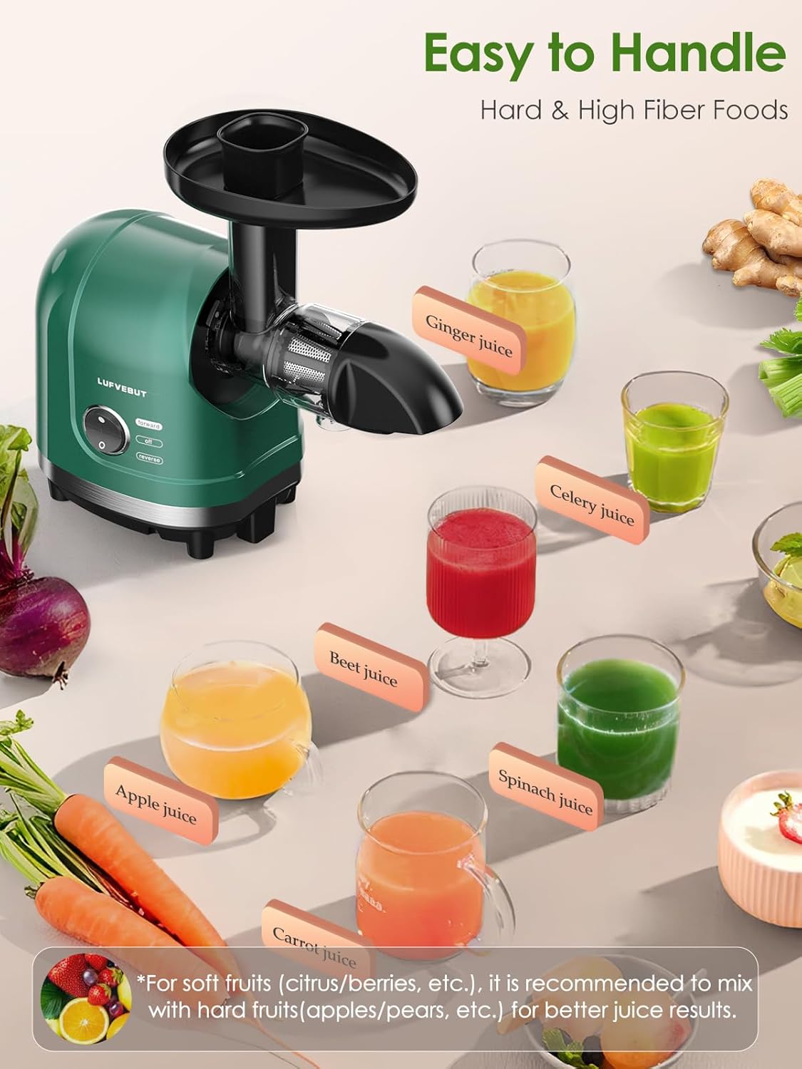 Cold Press Juicer Machine for Fruits & Vegetables, Masticating Juicer, Wheatgrass Celery Juicer with 200W Quiet Motor Reverse Function, High Juice Yield Slow Juice Extractor BPA-Free Easy to Clean