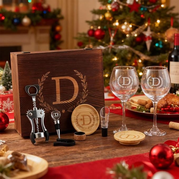 GZLDGIFTS Personalized Initial Wine Glasses Box Gift Set For Women Mom Engraved Birthday Monogrammed Wooden Christmas Gifts Wedding Anniversary Wine Couples Stopper Opener Initial Letterr (L Set)
