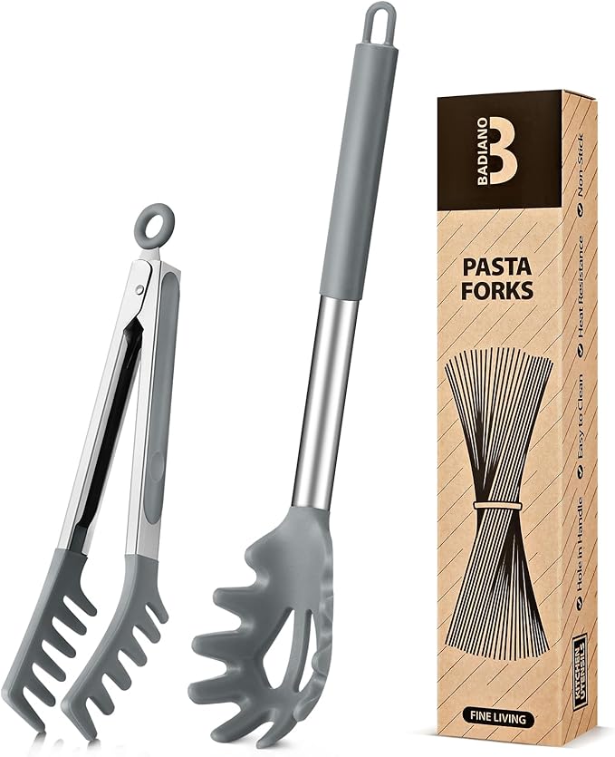 Silicone Spaghetti Spoon & Pasta Tong, Non-Stick Stainless Steel Handle Pasta Fork Set with Teeth, Food Clip for Easy Serving of Noodles(Grey)