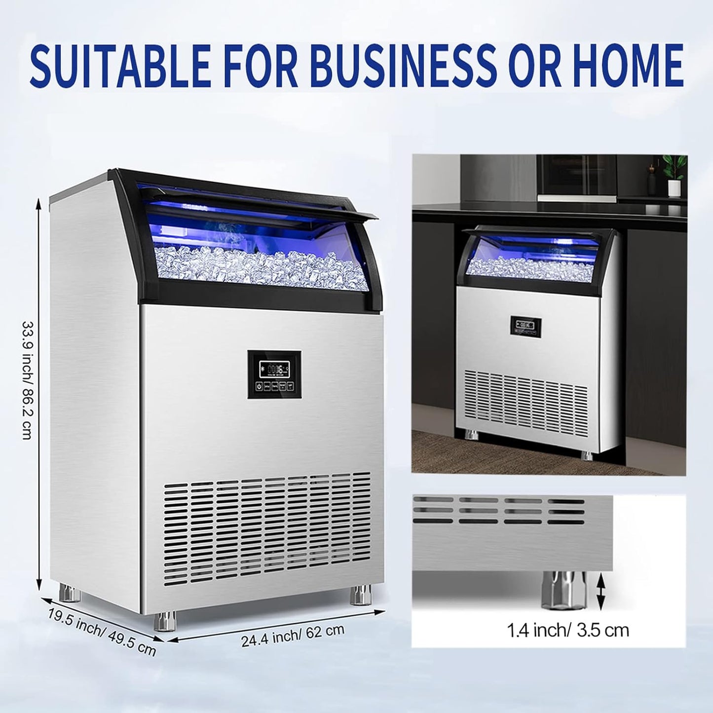 Commercial Ice Maker 250Lbs/24H Under Counter Ice Machine with 77Lbs Storage Bin, 90 Ice Cubes in 11Min, Stainless Steel Freestanding Ice Making Machine for Business, Water Filter and Scoop Included