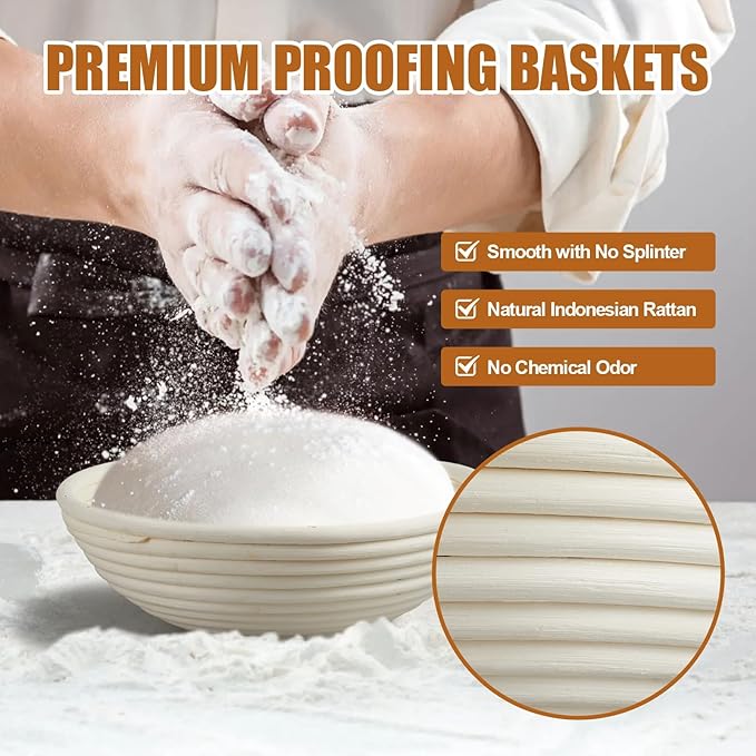Dimpola Banneton Bread Proofing Basket - 9 inch Banneton Basket Set of 2 Sourdough Proofing Basket Round Proofing Bowls Handmade Rattan Baskets and Liners