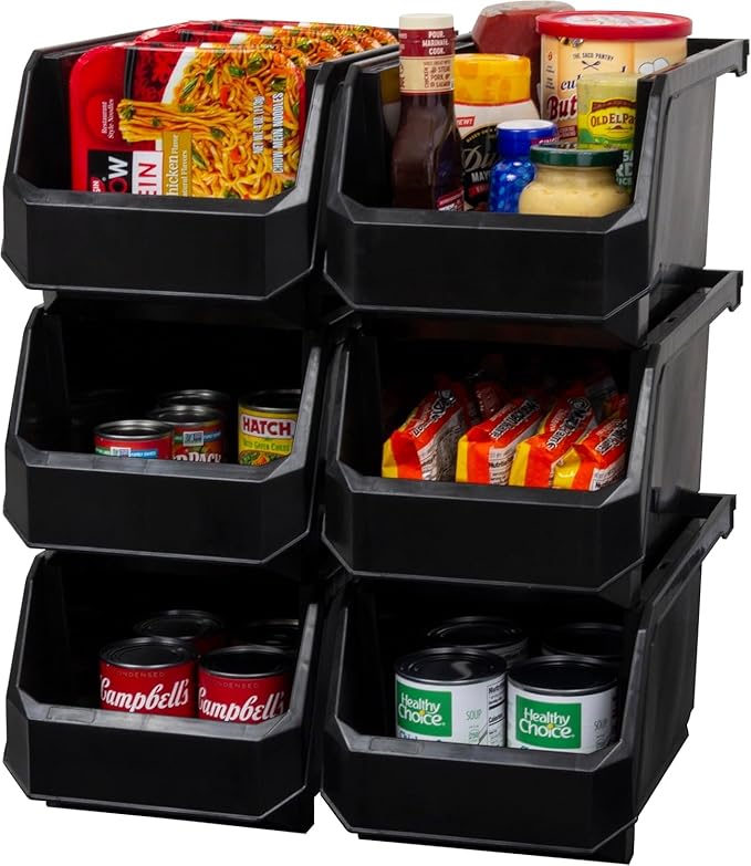 Plastic Containers for Organizing and Storage Bins for Closet, Kitchen, Office, Garage or Pantry Organization, Stackable Bins, Large (14.8" x 8" x 7"), 6-Pack, Black