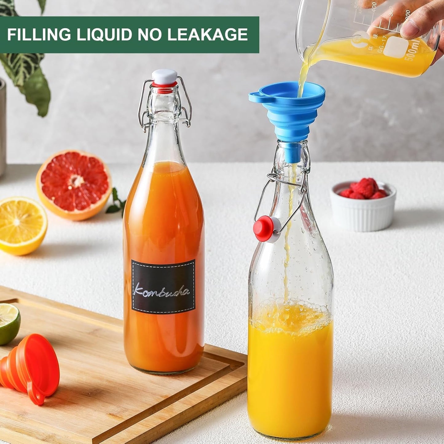 8 Pack [1 L / 33 fl. oz.] Swing Top Glass Bottles w/Airtight Stopper Lids – Flip Top Brewing Bottle for Fermentation, Kombucha, Mead, Vinegar, Beer, Kefir, Wine, Soda – With 8 Extra Seals & 2 Pourers
