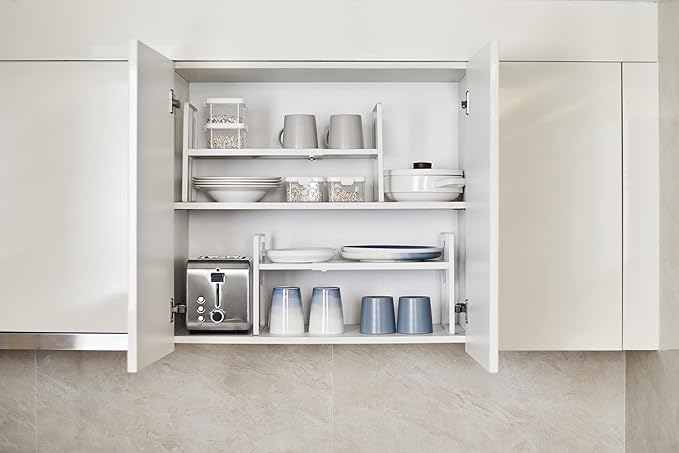 Nxconsu Cabinet Shelf Expandable Height Adjustable Organizer Riser for Kitchen Cabinet Pantry Cupboard Under Sink Countertop Organization Storage Space Saver Stackable Heavy Duty Metal White