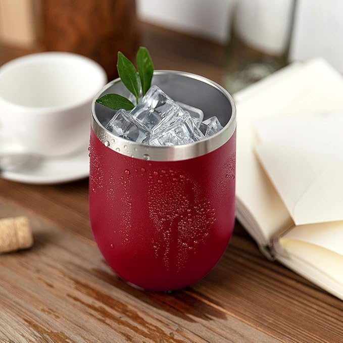 MEWAY 12oz/4 Pack Wine Tumbler Glasses with Lid - Stemless Double Wall Vacuum Stainless Steel Travel Tumbler - Keeping Cold & Hot for Wine,Coffee,Cocktails,Drinks-Family and Gifts (Red,Set of 4)