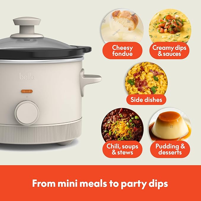 bella 1.5 Qt Slow Cooker with 3 Heat Manual Control, Ceramic Nonstick Coating, Dishwasher Safe Stoneware Pot and Tempered Glass Lid, Tangle Free Cord Wrap & Cool Touch Handles, Oatmilk