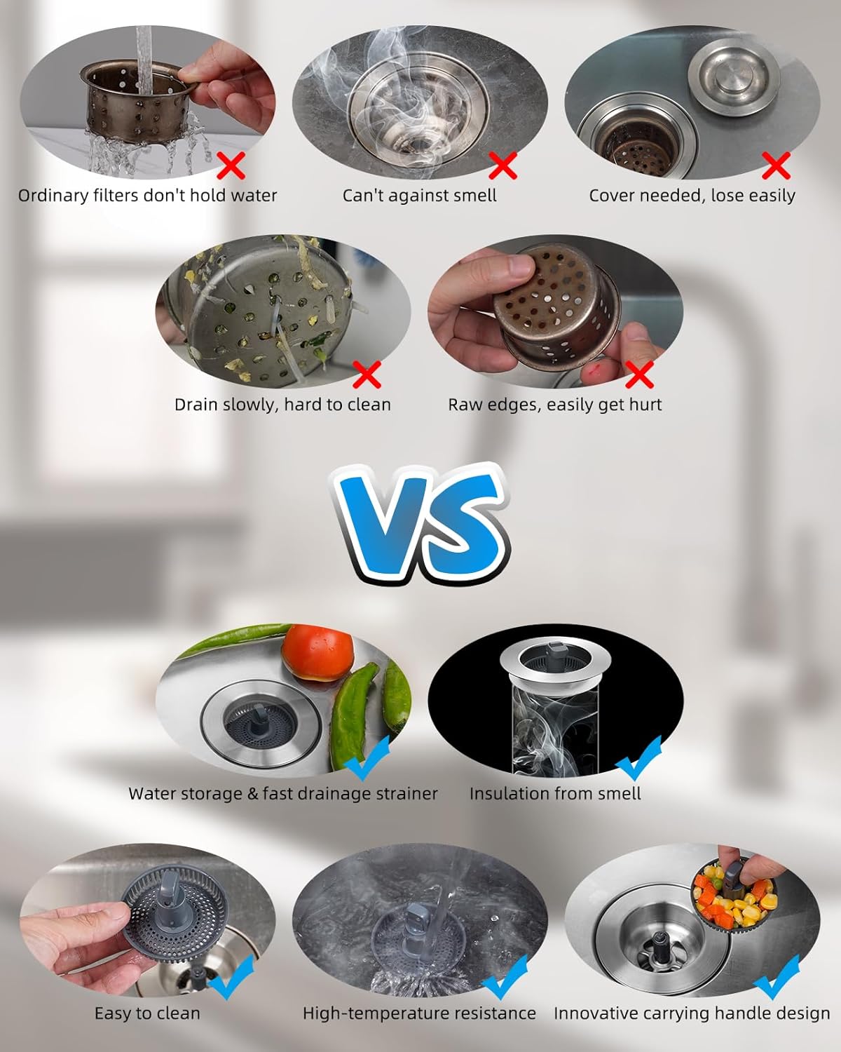Hibbent Upgraded 3 in 1 Kitchen Sink Drain Strainer and Stopper Combo, Stainless Steel Metal Pop Up Sink Stopper, Anti-Clogging Basket with Foldable Handle for US Standard 3-1/2 Inch Drain