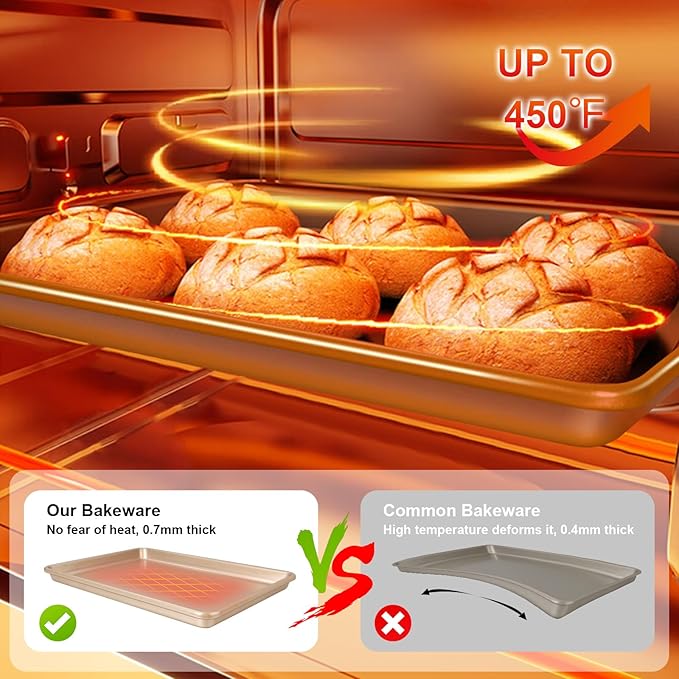 Baking Sheet Pan Set of 3, Commercial Cookie Sheets for Baking, Nonstick Half/Quarter/Jelly Roll Pans Replacement Toaster Oven Tray, Heavy Duty & Easy Clean, Champagne Gold