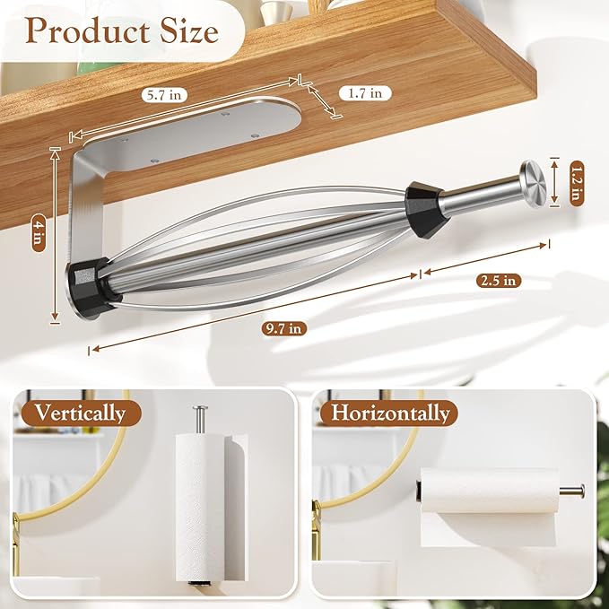 2 Pack Paper Towel Holder Under Cabinet + 2 Towel Robe Hook, Single Hand Operable Under Cabinet Paper Towel Holder, Adhesive Wall Mount Paper Roll Holder for Bathroom Kitchen(Silver)