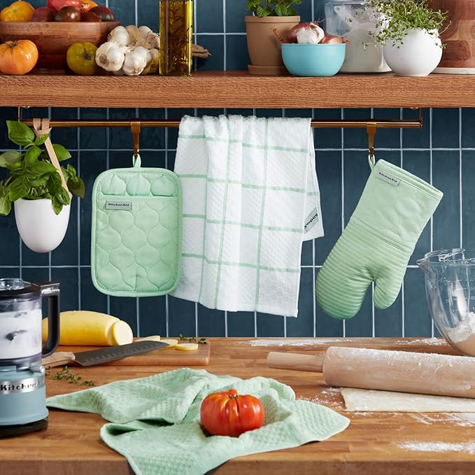 KITCHENAID Quilted Cotton Terry Cloth Oven Mitt, Pot Holder, Kitchen Towel 4-Pack Set, Heat Resistant, Silicone Grip, 16"x26", 7"x13" & 7"x10", Pistachio