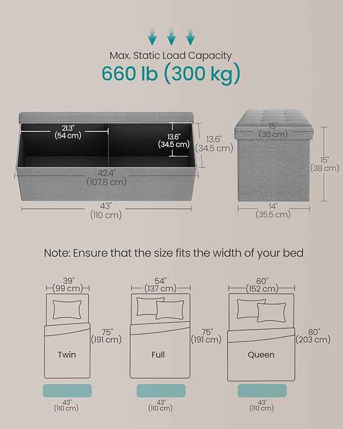 SONGMICS MAZIE Collection - 43 Inches Folding Storage Ottoman Bench, Ottoman Foot Rest, End of Bed Bench, Storage Chest, Load 660 lb, for Living Room, Bedroom, Entryway, Light Gray ULSF77G