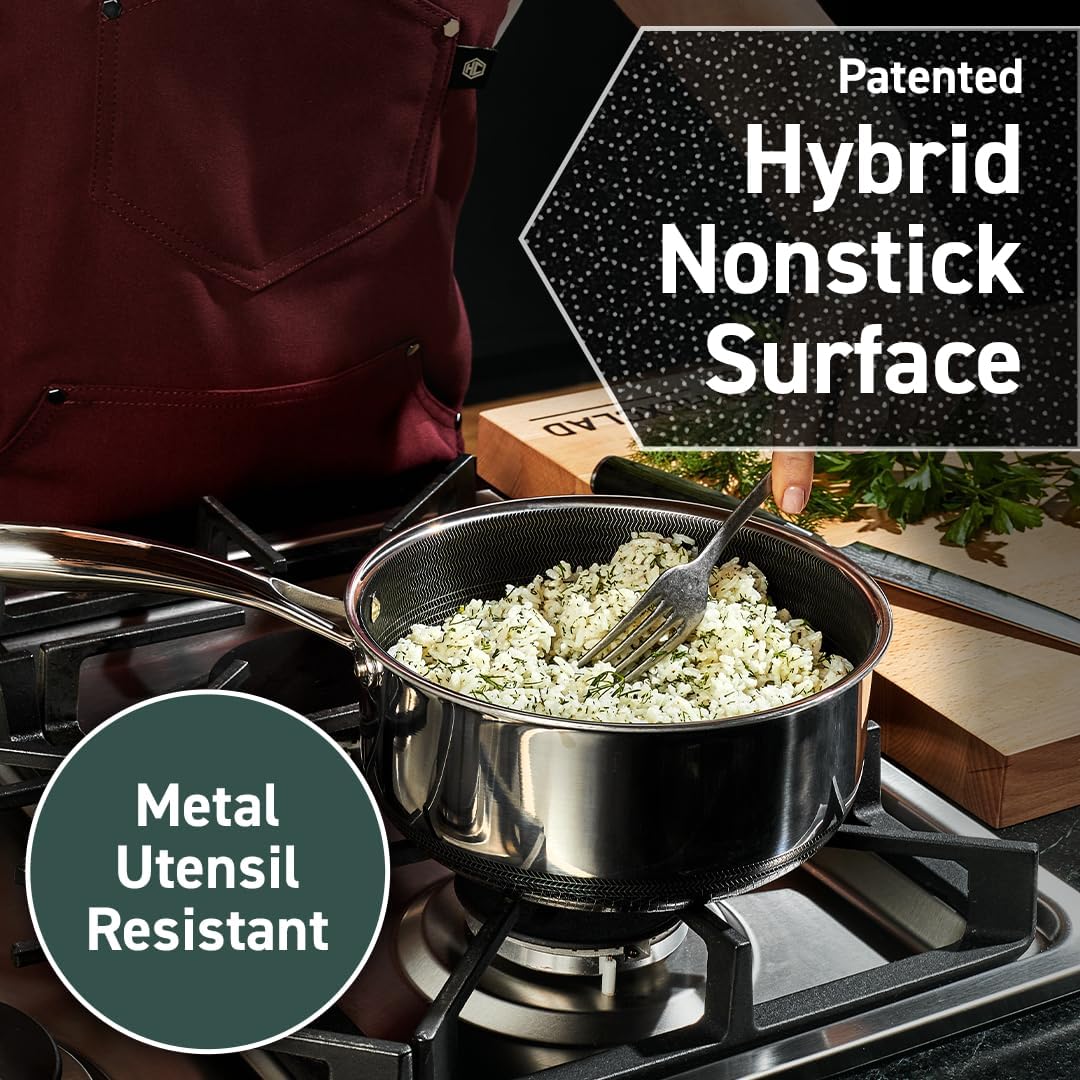 HexClad Hybrid Nonstick 5-Quart Saucepan with Tempered Glass Lid, Stay-Cool Handle, Dishwasher-Friendly, Oven-Safe Up to 900°F, Induction Ready, Compatible with All Cooktops